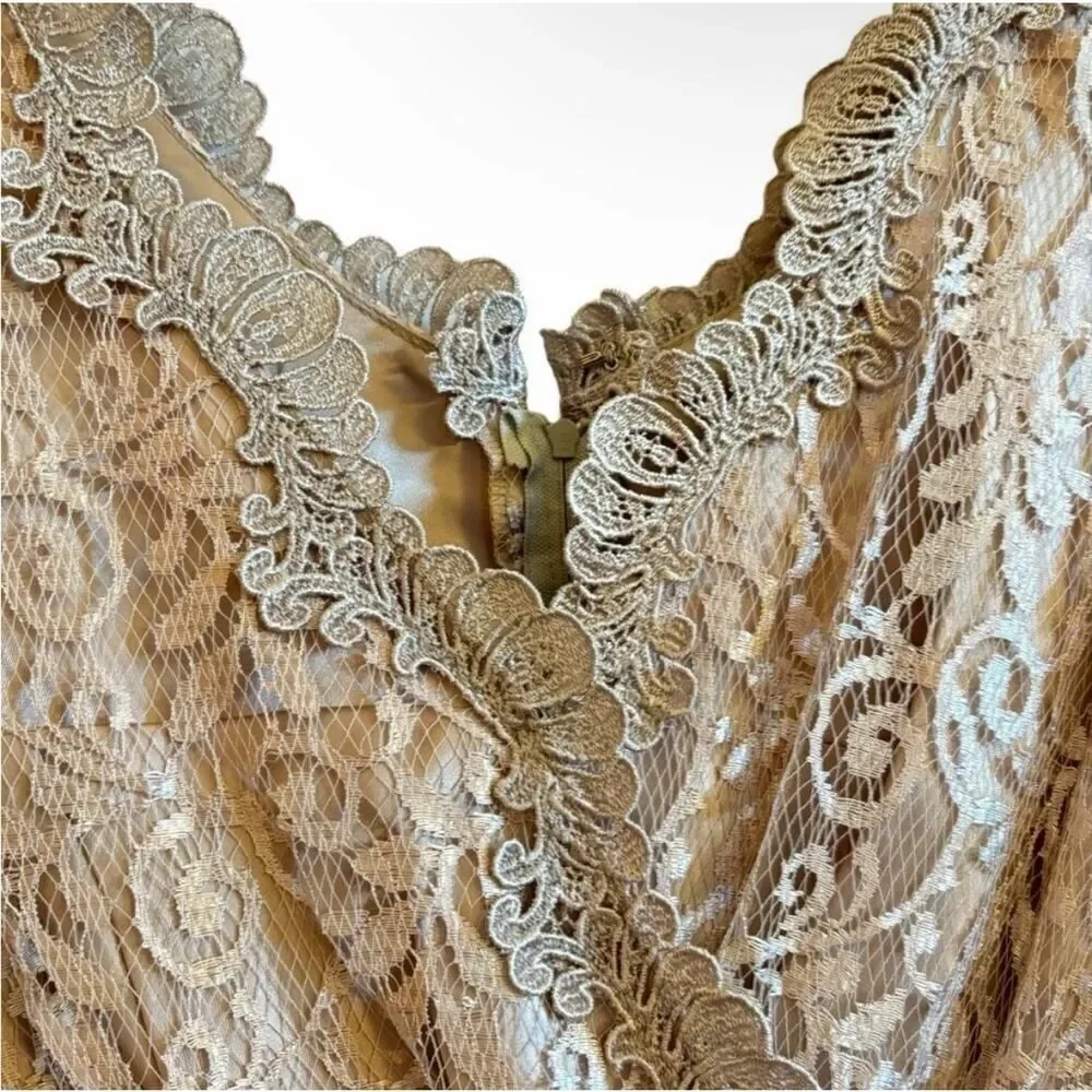 Vintage JCPenney 10P Taupe Rose Gold Lace Maxi Dress Petite Long Sleeve DressUSA